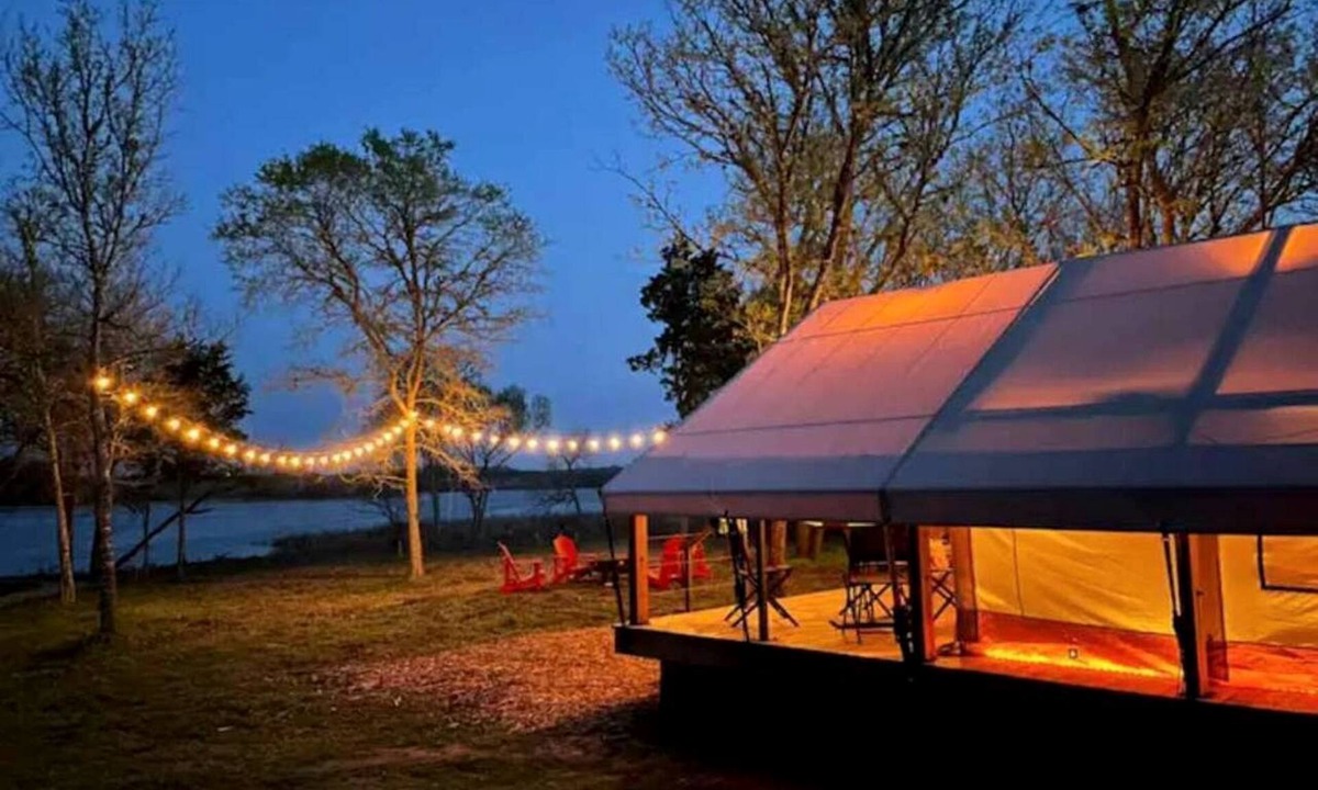 Bastrop RV Rental | Romantic Lakefront Safari Tent with Fire Pit and Peaceful Views near Bastrop, Texas