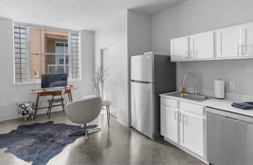 Central City Apartment | Modern loft with rooftop deck, fitness center, and private parking.