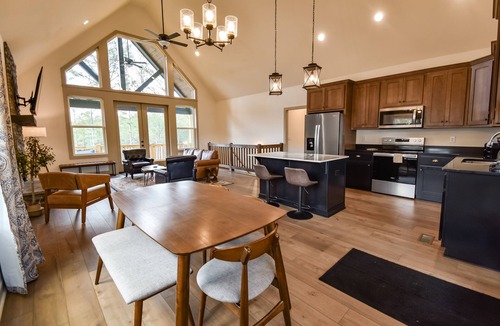 Ellijay House | Mountain view home with wood fireplace, game tables, firepit, & AC