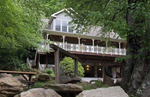 Sylva House | Riverfront home w/fireplace, porch, outdoor firepit, grill and picnic table