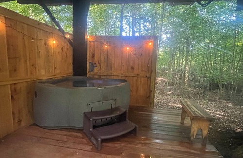 Shelby Cabin | Secluded creekside treehouse cabin in Shelby with hot tub, AC, WiFi