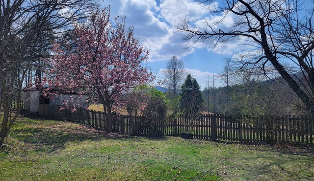 Charming Mountain Retreat with fire pit, fenced yard, scenic views, and privacy.