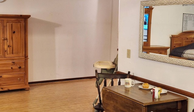 Studio w/3 beds, 1 Queen, two twin, couch, pellet stove, full amenities, shower.